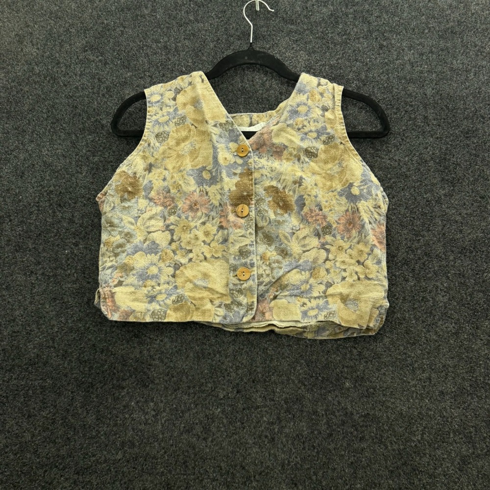 Vintage The Limited Floral Linen Cotton Vest Made in Italy Tan Blue Size L